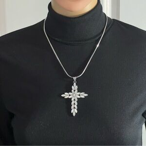 Stainless Steel Necklace with Cross Pendant Leaf-Shaped Inlays of Mother of Pear